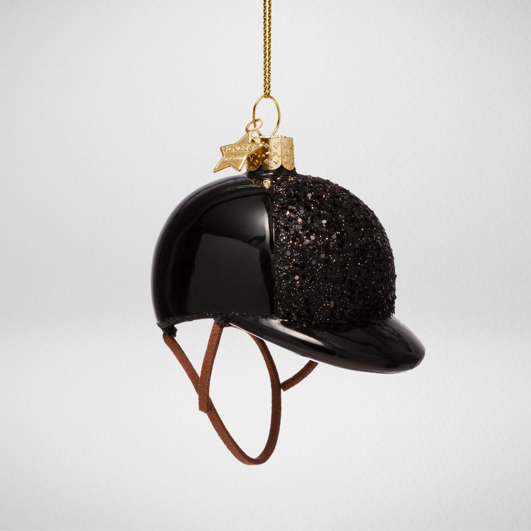 Kerstbal paardrijcap – Zwart paardrijden ornament met glitters