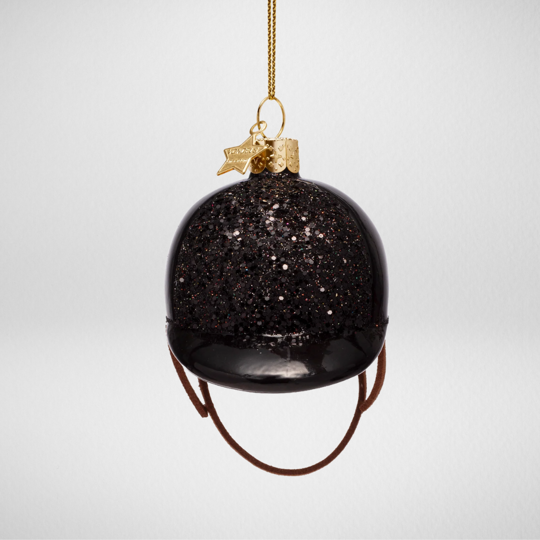 Kerstbal paardrijcap – Zwart paardrijden ornament met glitters