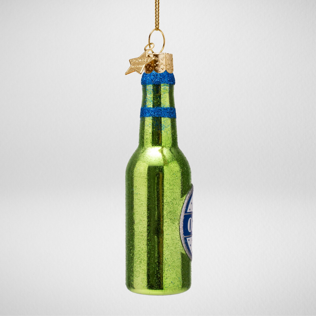 Kerstbal bierfles 0.0 – Groen kerstornament met glitters